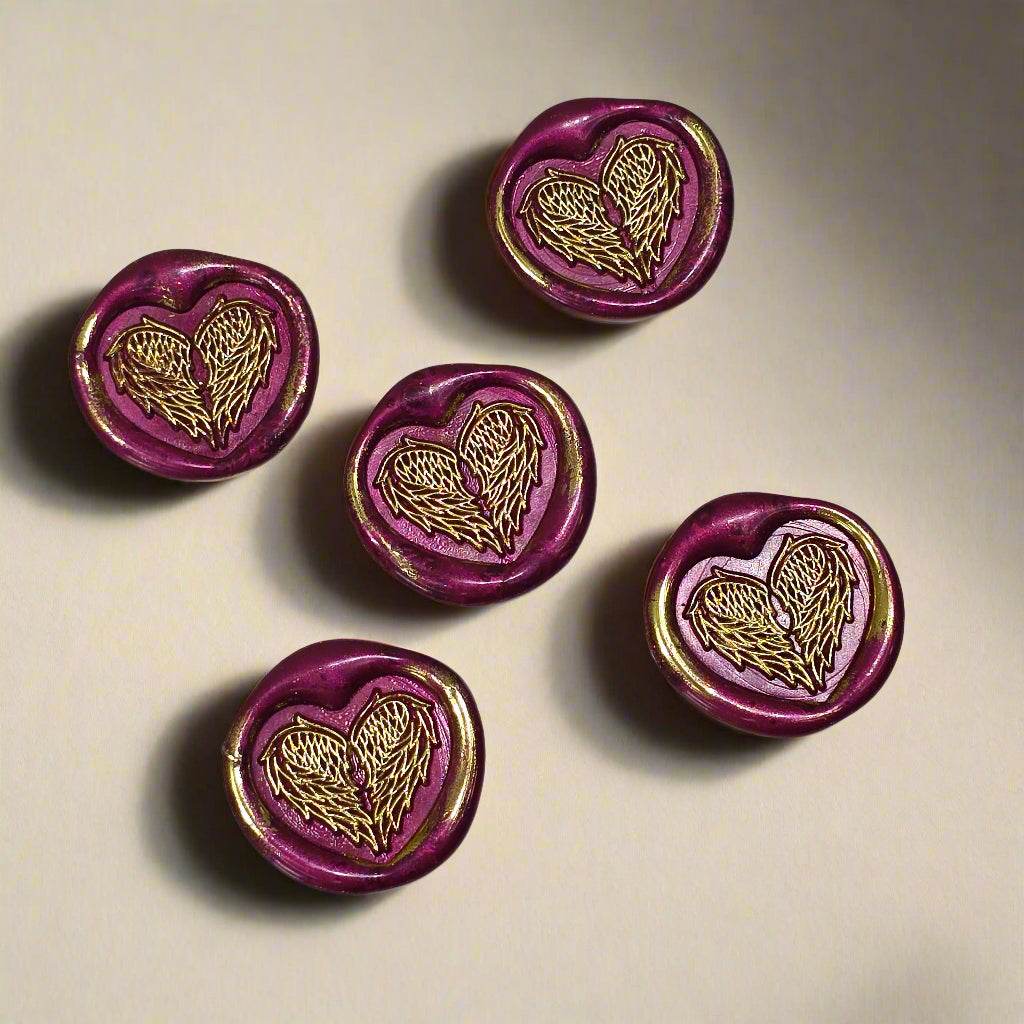 Angel Wings Heart Wax Seals Mulberry Red & Gold Set of Five, with Adhesive Wax Seals for Cards, Invitations and Gifts