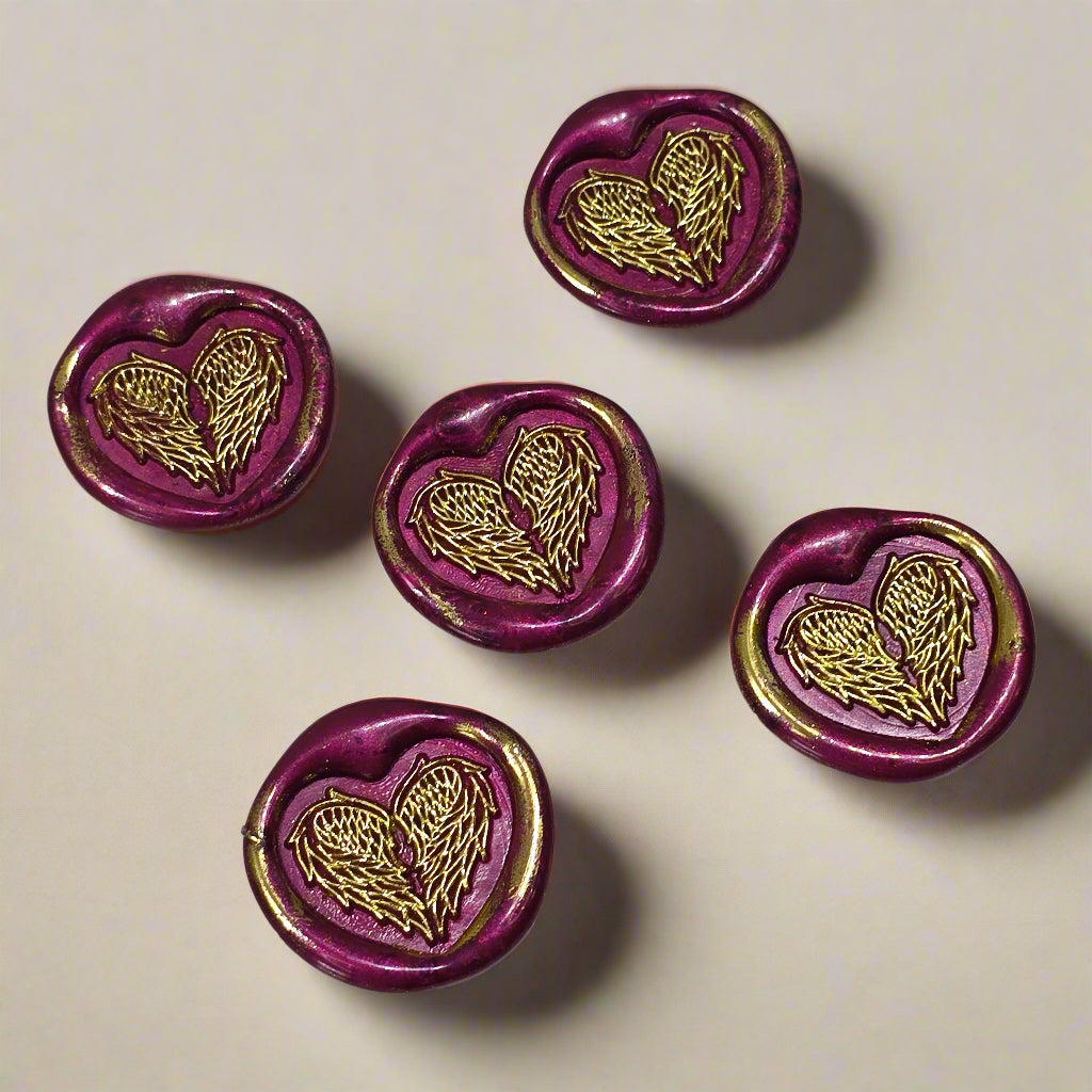 Angel Wings Heart Wax Seals Mulberry Red & Gold Set of Five, with Adhesive Wax Seals for Cards, Invitations and Gifts