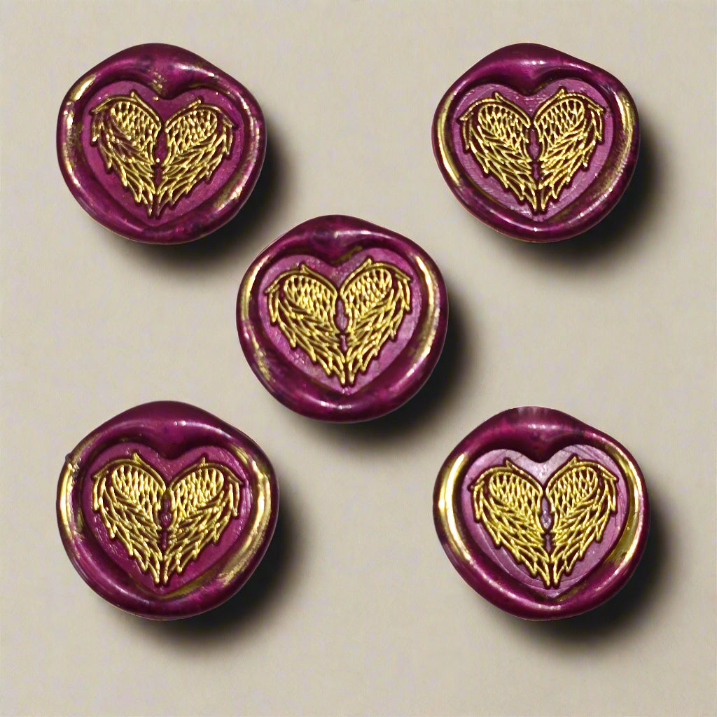 Handmade Angel Wings Heart Wax Seal – Peel & Stick • Multiple Colors Gold Accents