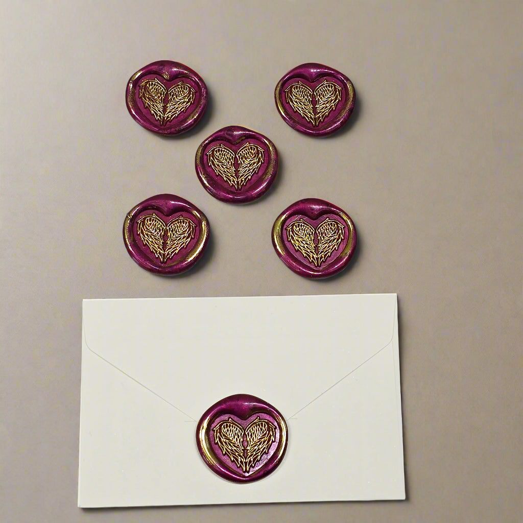 Angel Wings Heart Wax Seals Mulberry Red & Gold Set of Five, with Adhesive Wax Seals for Cards, Invitations and Gifts