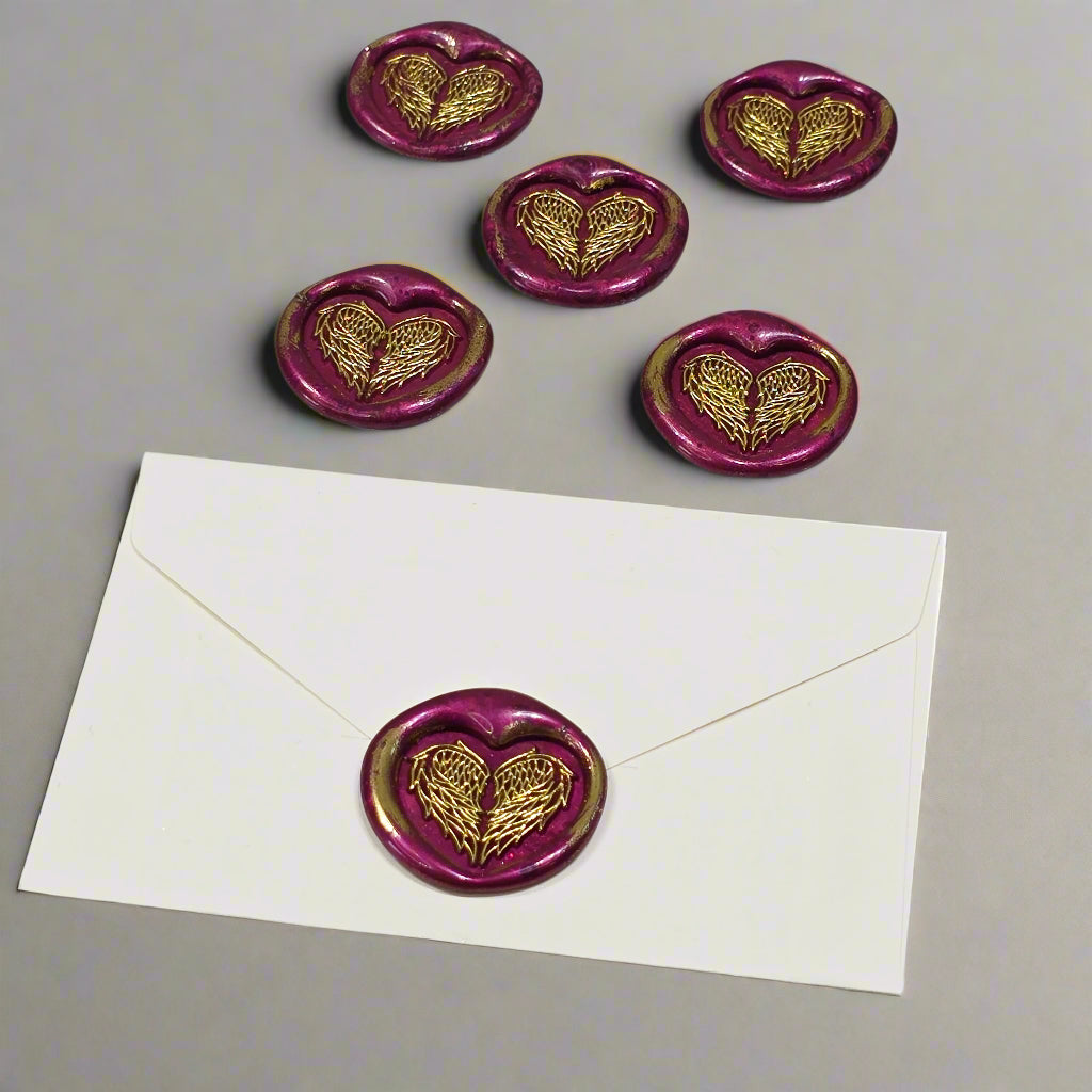 Angel Wings Heart Wax Seals Mulberry Red & Gold Set of Five, with Adhesive Wax Seals for Cards, Invitations and Gifts