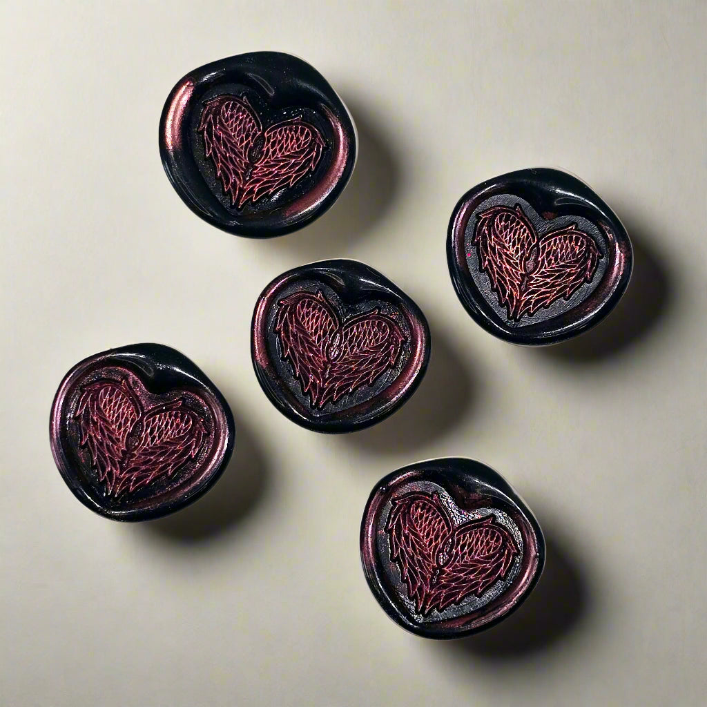 Angel Wings Heart Wax Seals Black & Pink Set of Five, with Adhesive Wax Seals for Cards, Invitations and Gifts