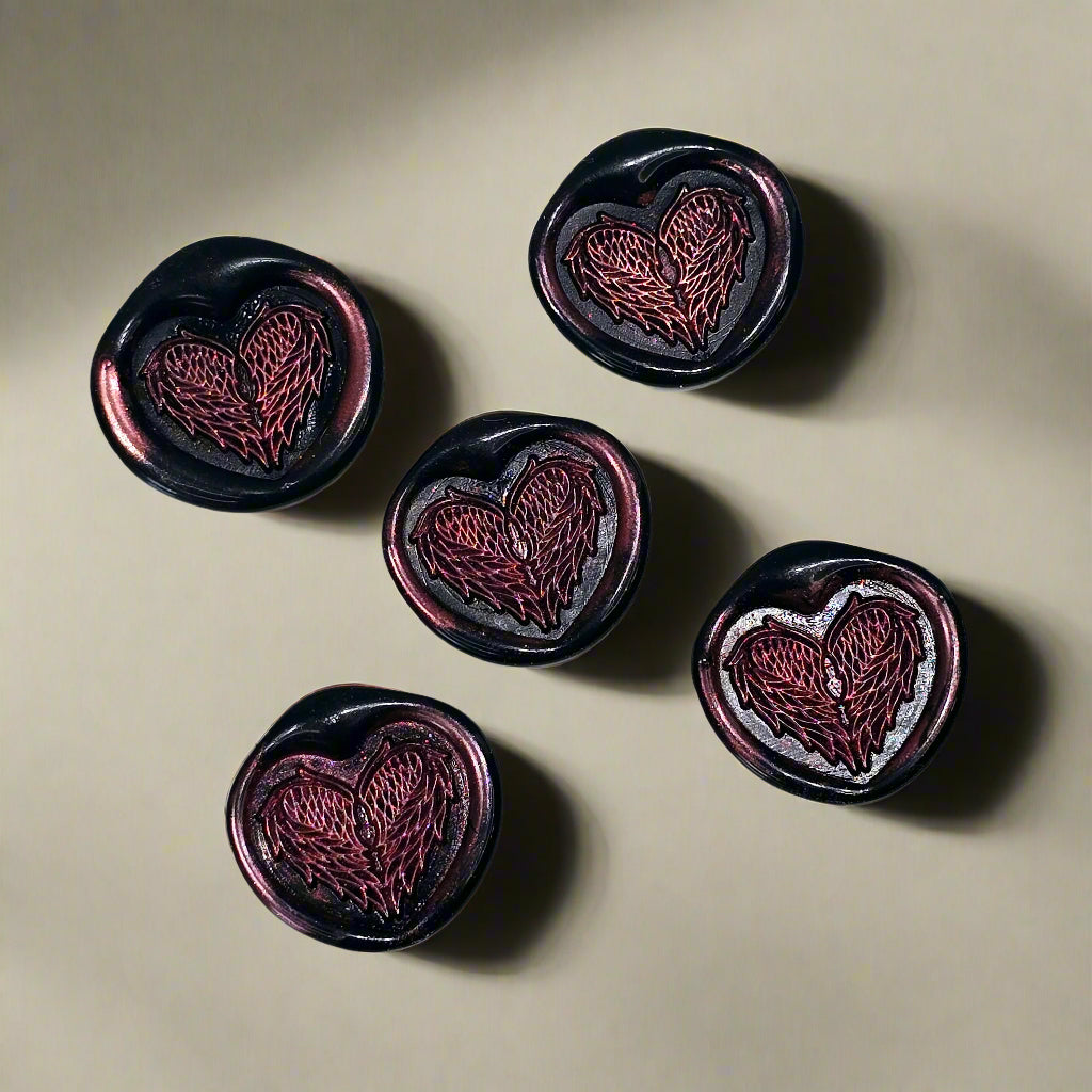 Angel Wings Heart Wax Seals Black & Pink Set of Five, with Adhesive Wax Seals for Cards, Invitations and Gifts