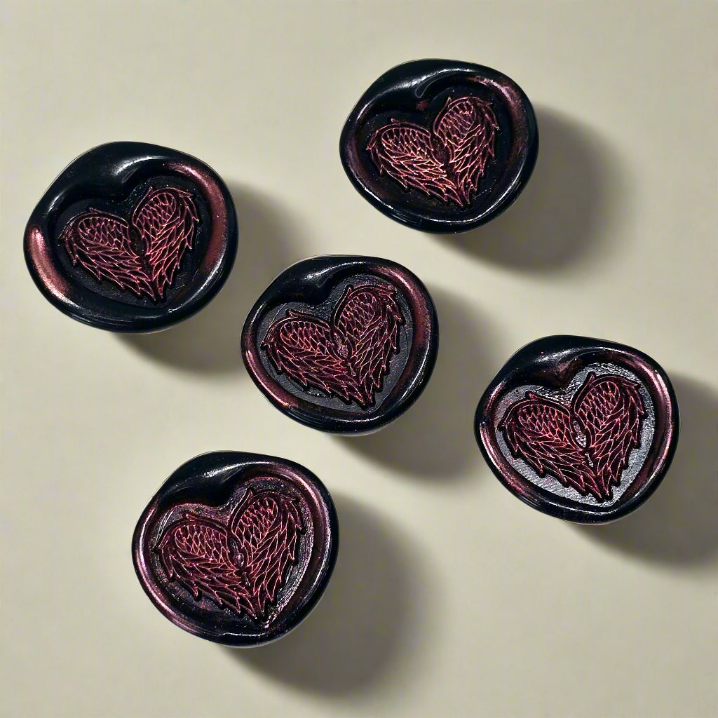 Angel Wings Heart Wax Seals Black & Pink Set of Five, with Adhesive Wax Seals for Cards, Invitations and Gifts