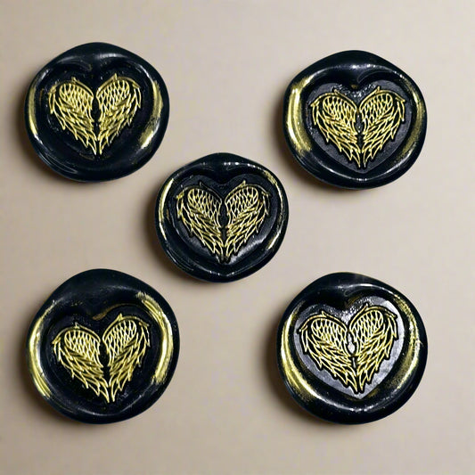 Angel Wings Heart Wax Seals Black & Gold Set of Five, with Adhesive Wax Seals for Cards, Invitations and Gifts
