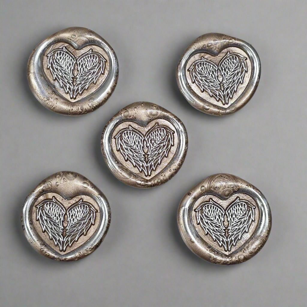 Angel Wings Heart Wax Seals Champagne & Silver Set of Five, with Adhesive Wax Seals for Cards, Invitations and Gifts