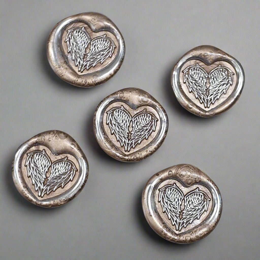 Angel Wings Heart Wax Seals Champagne & Silver Set of Five, with Adhesive Wax Seals for Cards, Invitations and Gifts
