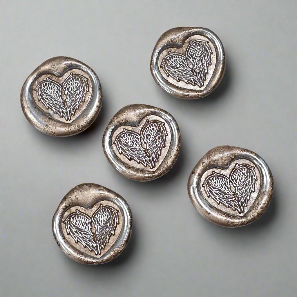 Angel Wings Heart Wax Seals Champagne & Silver Set of Five, with Adhesive Wax Seals for Cards, Invitations and Gifts