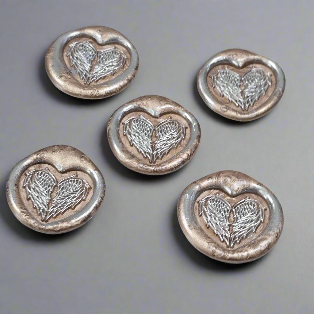Angel Wings Heart Wax Seals Champagne & Silver Set of Five, with Adhesive Wax Seals for Cards, Invitations and Gifts