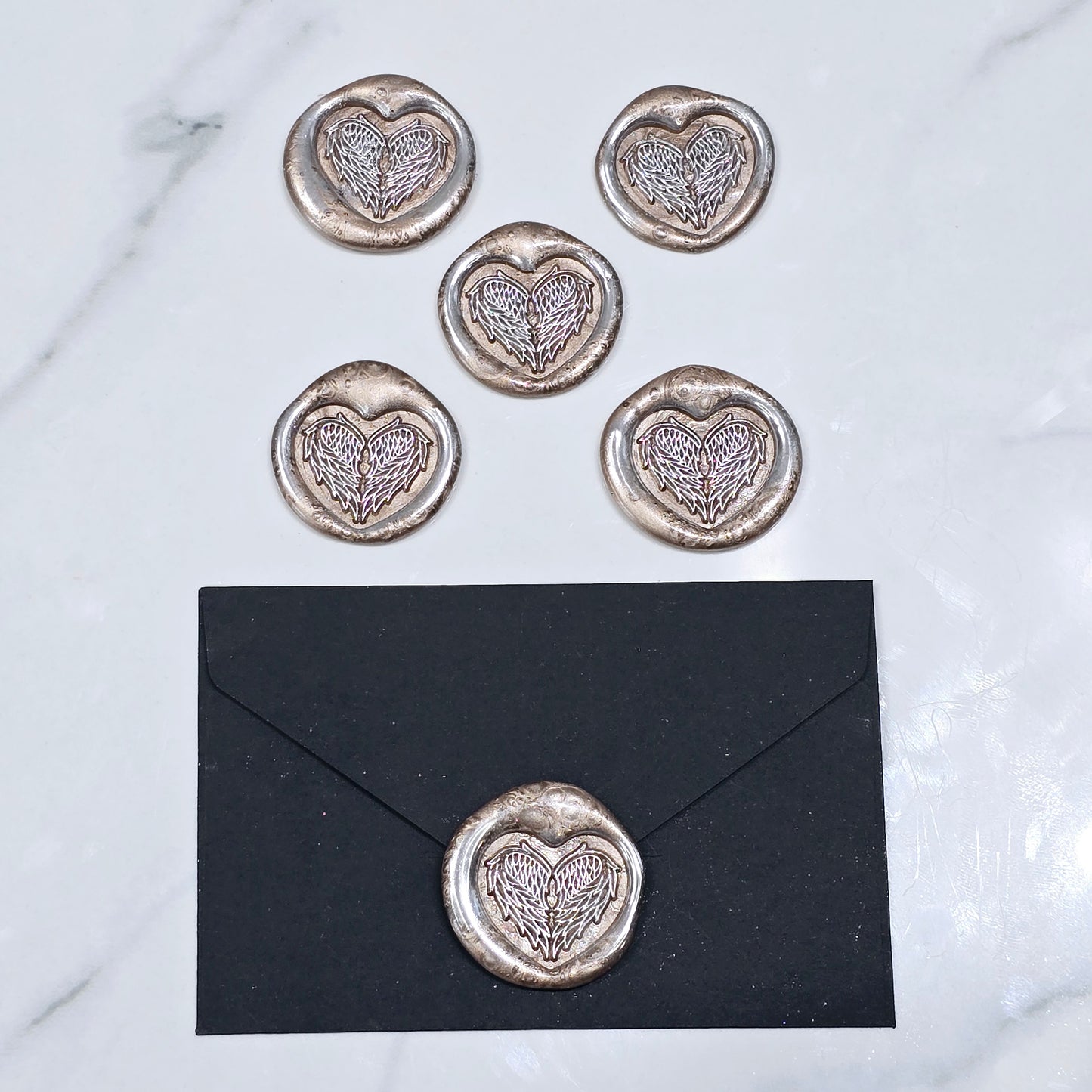 Angel Wings Heart Wax Seals Champagne & Silver Set of Five, with Adhesive Wax Seals for Cards, Invitations and Gifts