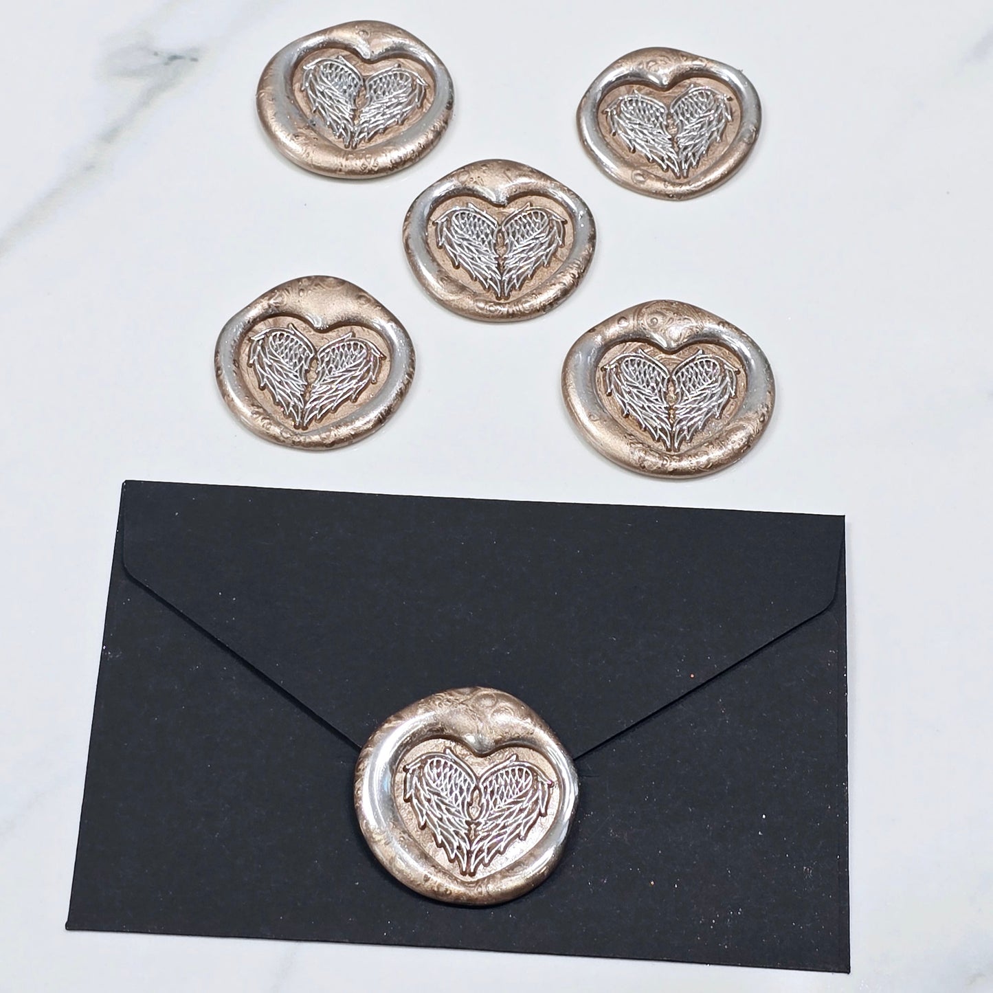 Angel Wings Heart Wax Seals Champagne & Silver Set of Five, with Adhesive Wax Seals for Cards, Invitations and Gifts