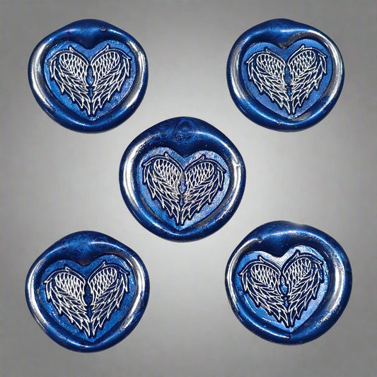 Angel Wings Heart Wax Seals Blue & Silver Set of Five, with Adhesive Wax Seals for Cards, Invitations and Gifts