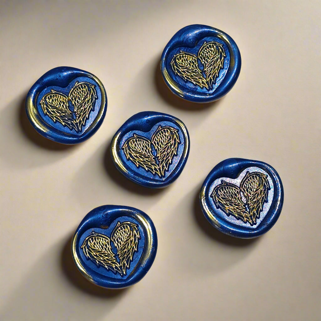 Angel Wings Heart Wax Seals Blue & Gold Set of Five, with Adhesive Wax Seals for Cards, Invitations and Gifts