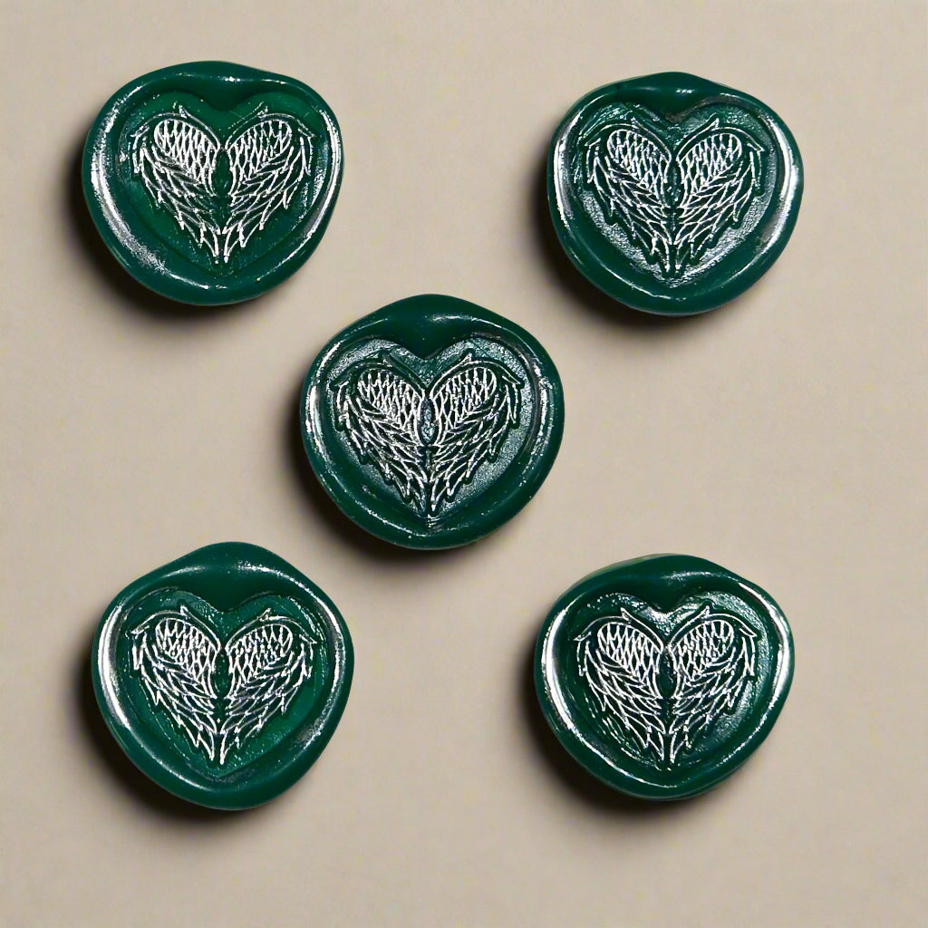 Angel Wings Heart Wax Seals Green & Silver Set of Five, with Adhesive Wax Seals for Cards, Invitations and Gifts