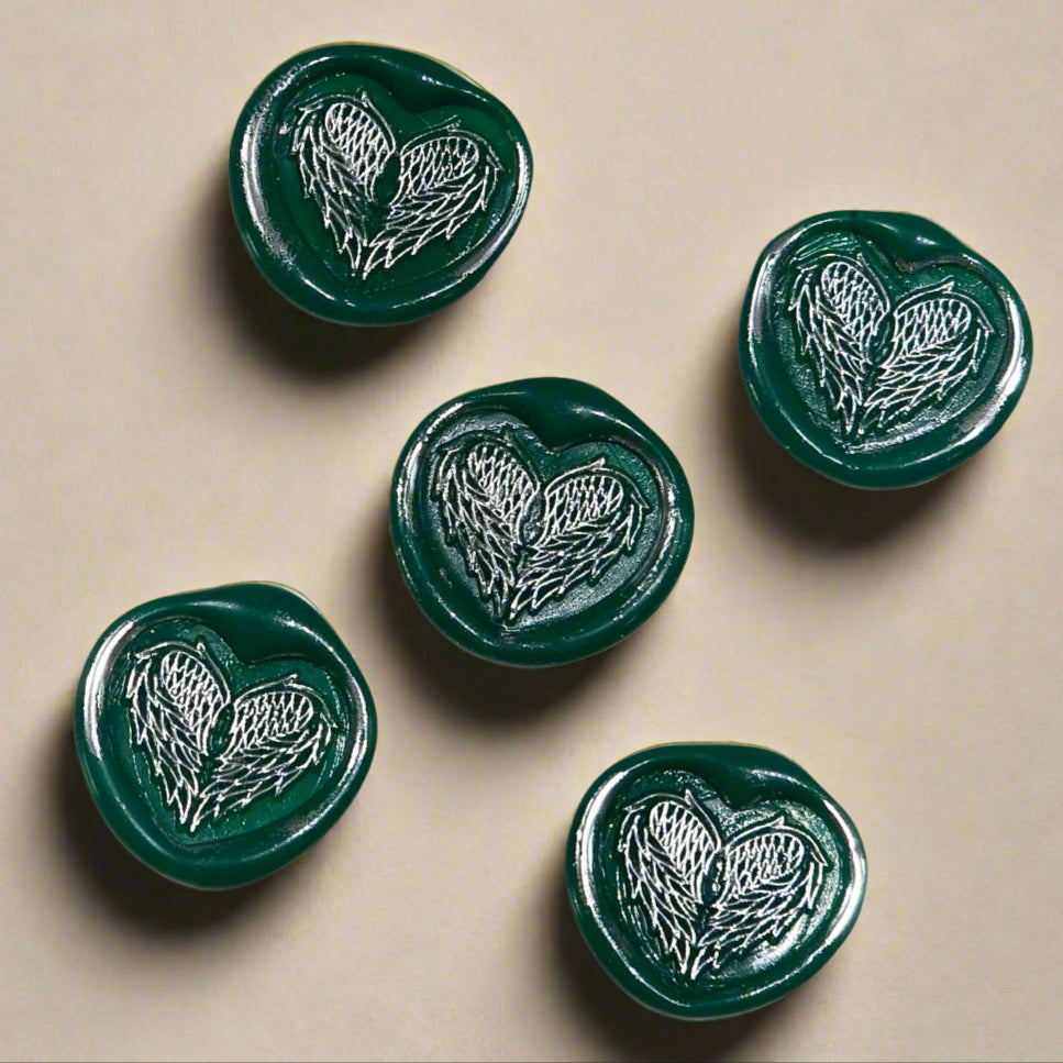 Angel Wings Heart Wax Seals Green & Silver Set of Five, with Adhesive Wax Seals for Cards, Invitations and Gifts