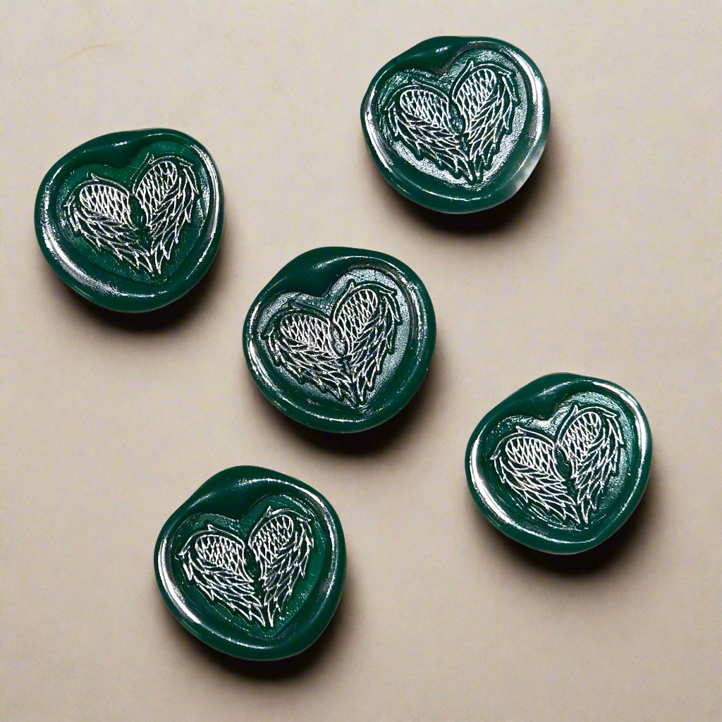 Angel Wings Heart Wax Seals Green & Silver Set of Five, with Adhesive Wax Seals for Cards, Invitations and Gifts