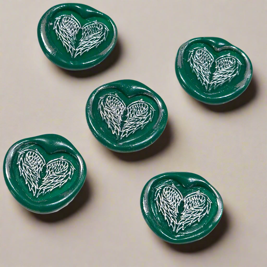Angel Wings Heart Wax Seals Green & Silver Set of Five, with Adhesive Wax Seals for Cards, Invitations and Gifts