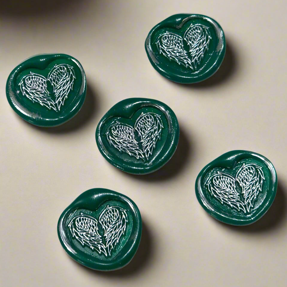 Angel Wings Heart Wax Seals Green & Silver Set of Five, with Adhesive Wax Seals for Cards, Invitations and Gifts