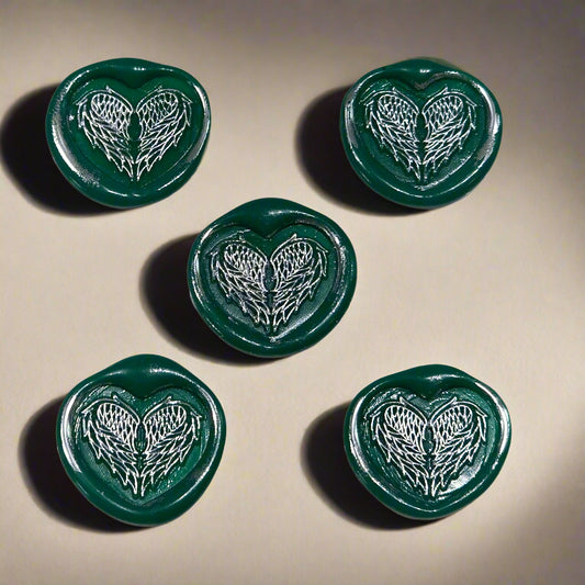 Angel Wings Heart Wax Seals Green & Silver Set of Five, with Adhesive Wax Seals for Cards, Invitations and Gifts
