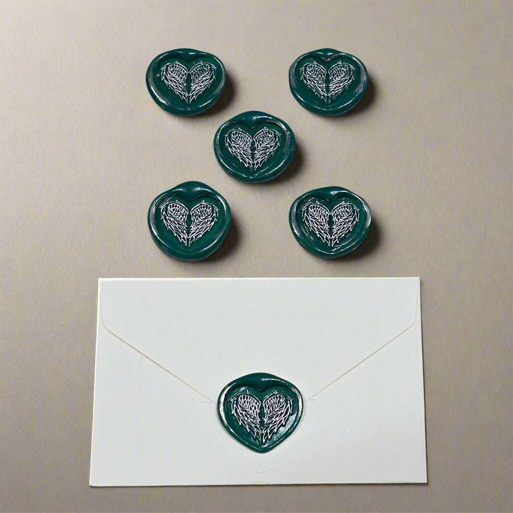 Angel Wings Heart Wax Seals Green & Silver Set of Five, with Adhesive Wax Seals for Cards, Invitations and Gifts