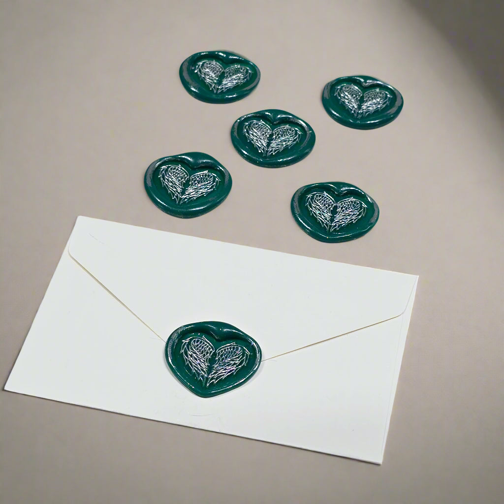 Angel Wings Heart Wax Seals Green & Silver Set of Five, with Adhesive Wax Seals for Cards, Invitations and Gifts