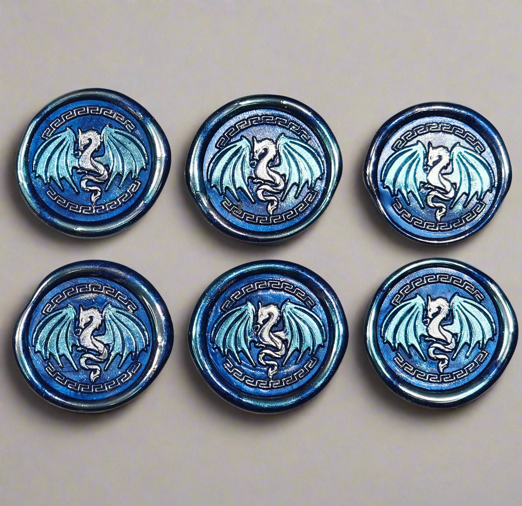 Dragon Wings Spread Wax Seals Blue & Silver Set of SIX, with Adhesive Wax Seals for Cards, Invitations and Gifts