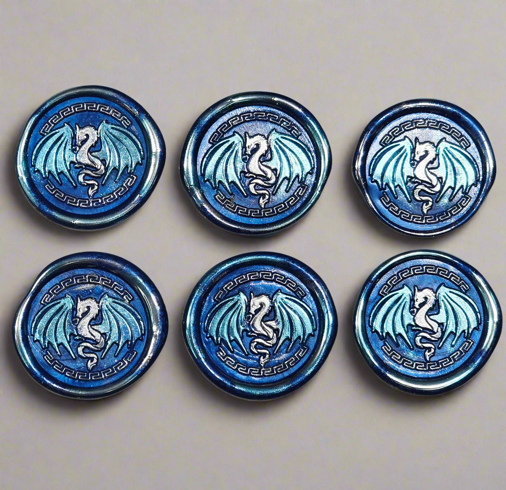 Dragon Wings Spread Wax Seals Blue & Silver Set of SIX, with Adhesive Wax Seals for Cards, Invitations and Gifts