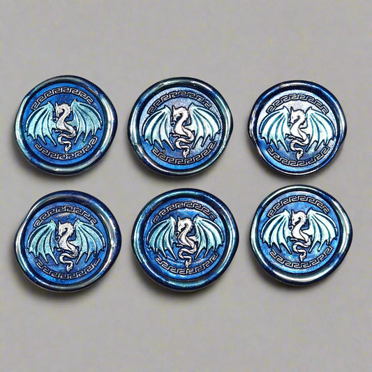 Dragon Wings Spread Wax Seals Blue & Silver Set of SIX, with Adhesive Wax Seals for Cards, Invitations and Gifts