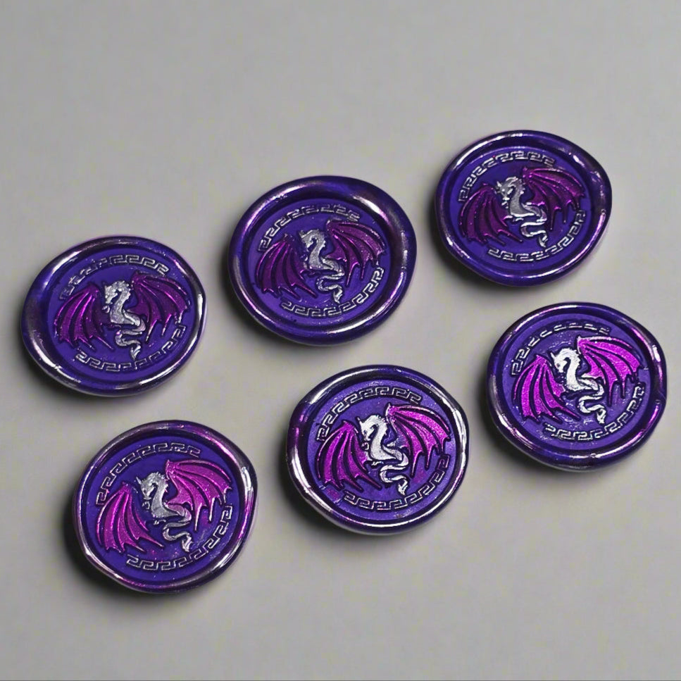Dragon Wings Spread Wax Seals Purple & Silver Set of SIX, with Adhesive Wax Seals for Cards, Invitations and Gifts