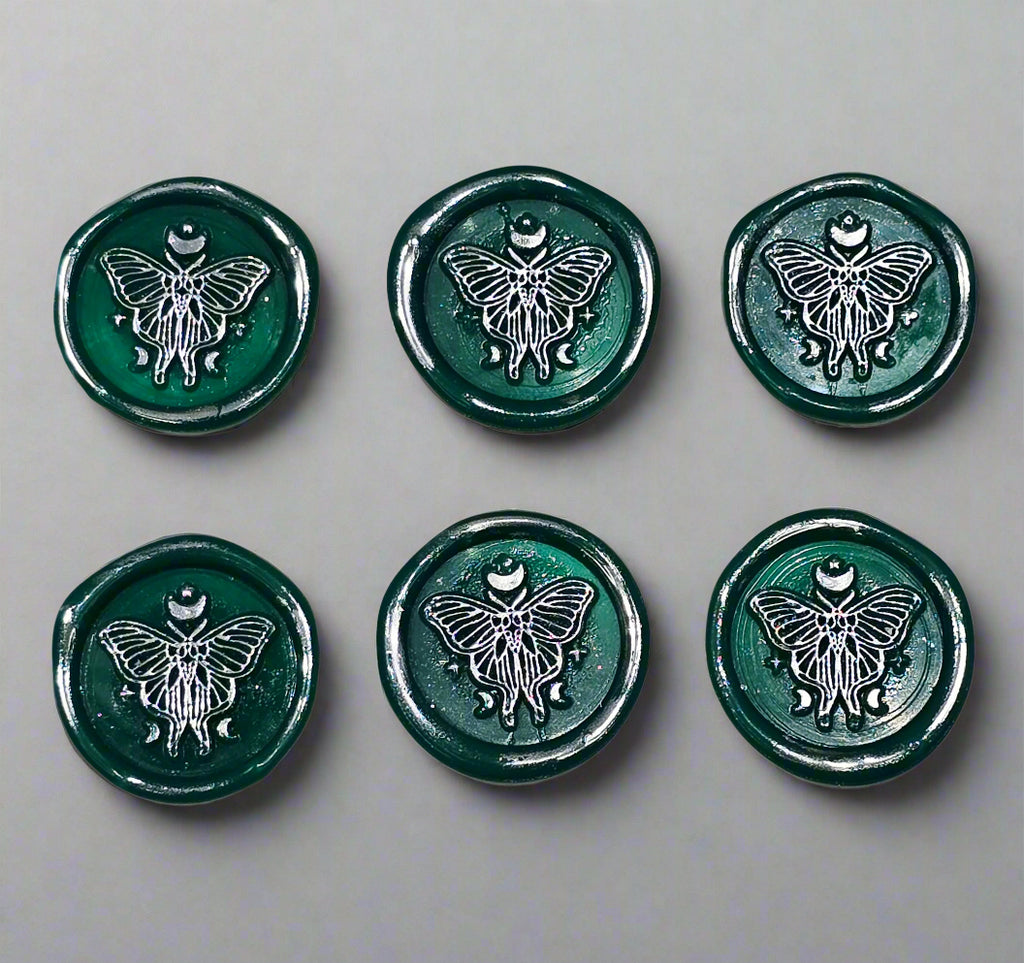 Butterfly Moon Green And Silver Wax Seals, Set of SIX with Adhesive Wax Seals for Cards, Invitations and Gifts