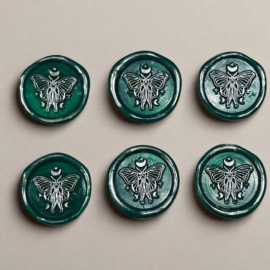 Butterfly Moon Green And Silver Wax Seals, Set of SIX with Adhesive Wax Seals for Cards, Invitations and Gifts