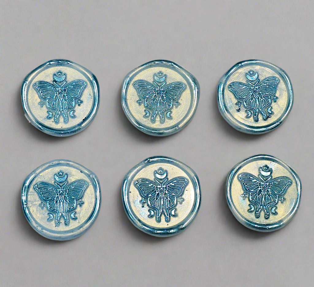 Butterfly Moon Ice Blue Wax Seals, Set of SIX with Adhesive Wax Seals for Cards, Invitations and Gifts