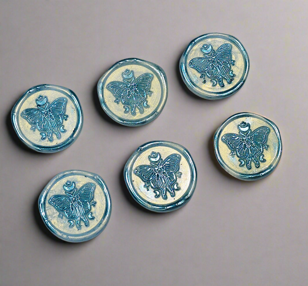 Butterfly Moon Ice Blue Wax Seals, Set of SIX with Adhesive Wax Seals for Cards, Invitations and Gifts