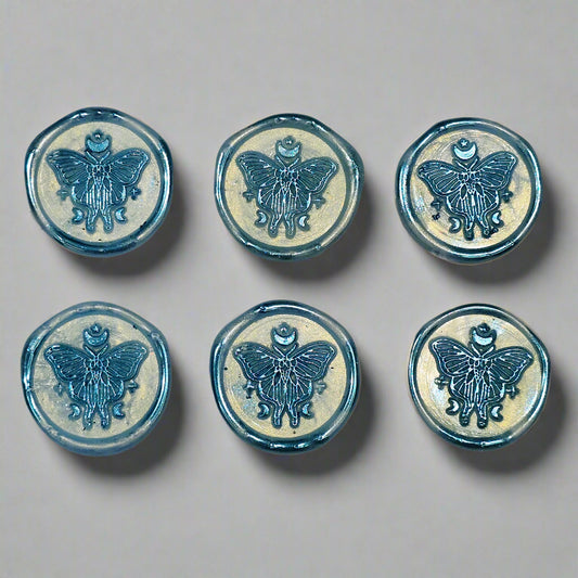 Butterfly Moon Ice Blue Wax Seals, Set of SIX with Adhesive Wax Seals for Cards, Invitations and Gifts
