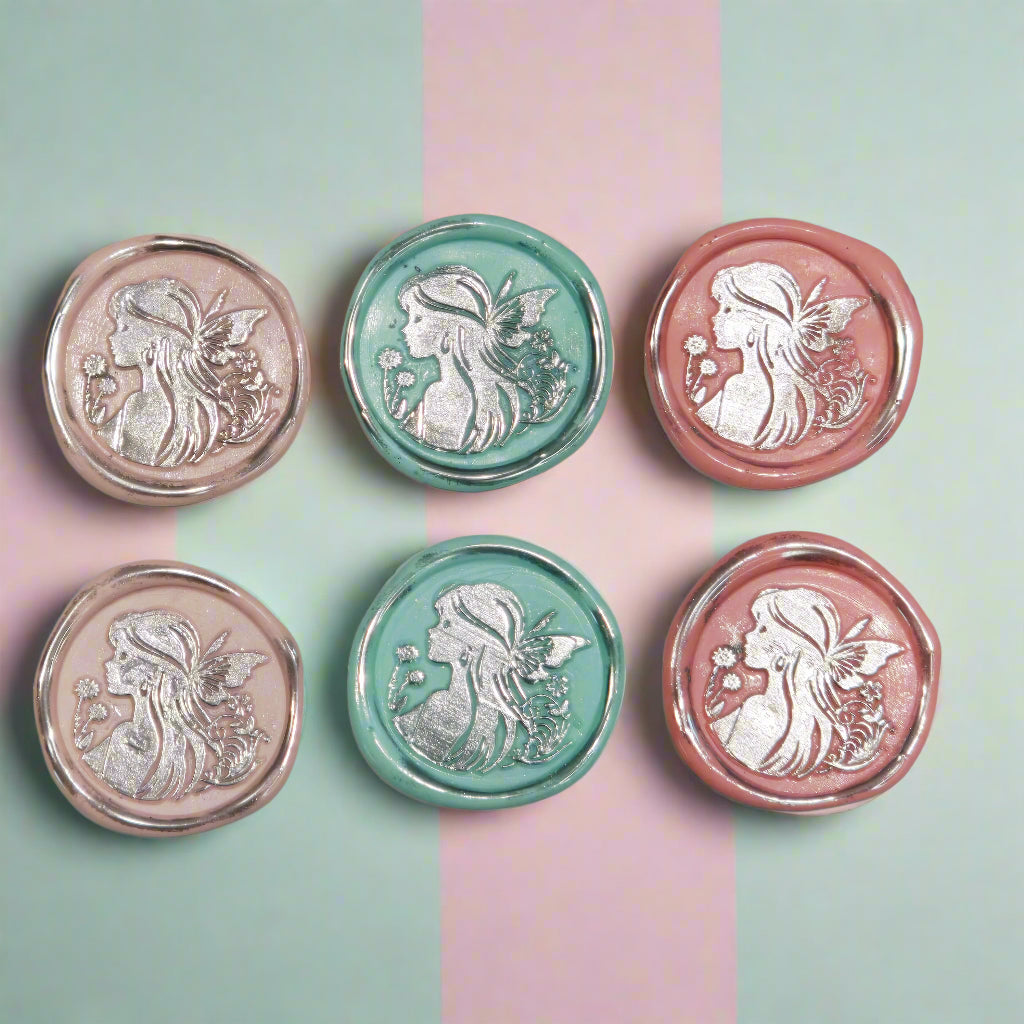 Fairy Wax Seals Pastels Light Pink, Mint, Peach Pink and Silver Set of SIX, for cards, invitations, letters and gifts