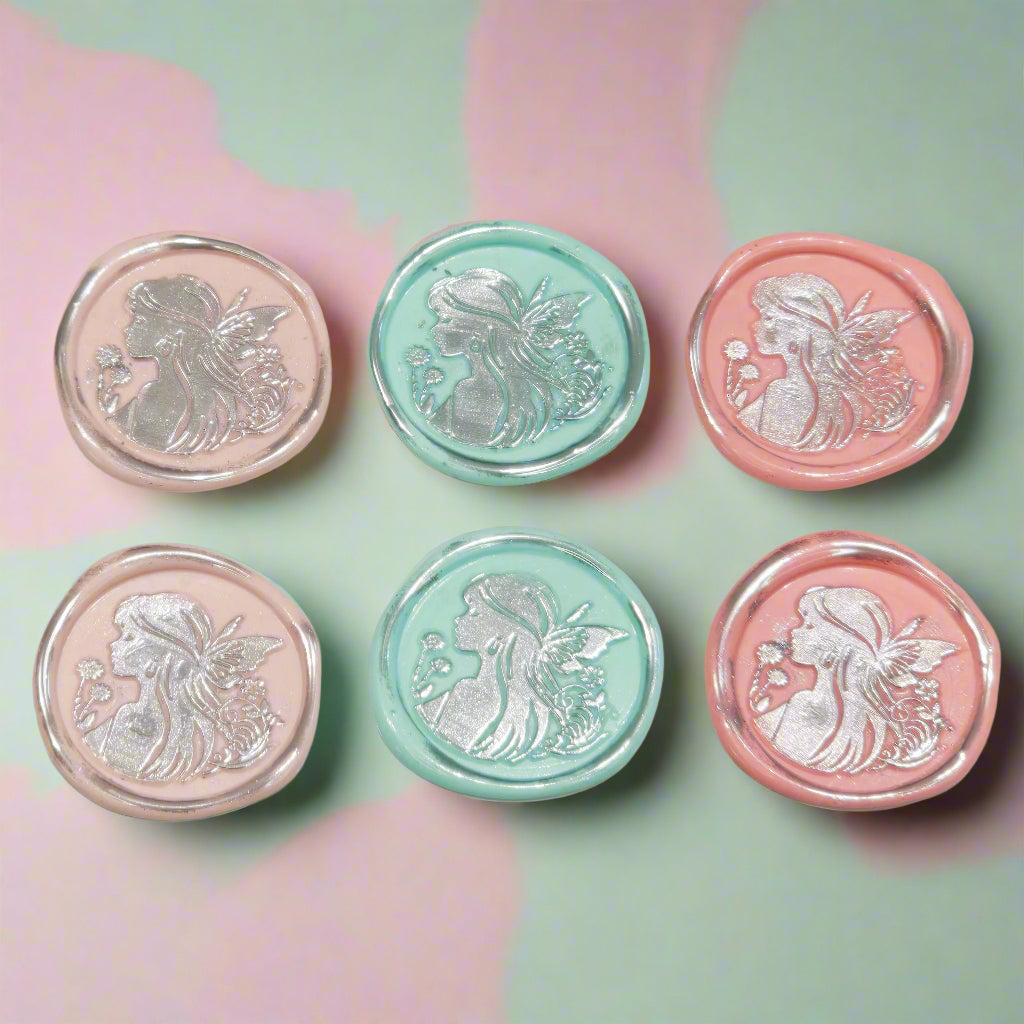 Fairy Wax Seals Pastels Light Pink, Mint, Peach Pink and Silver Set of SIX, for cards, invitations, letters and gifts