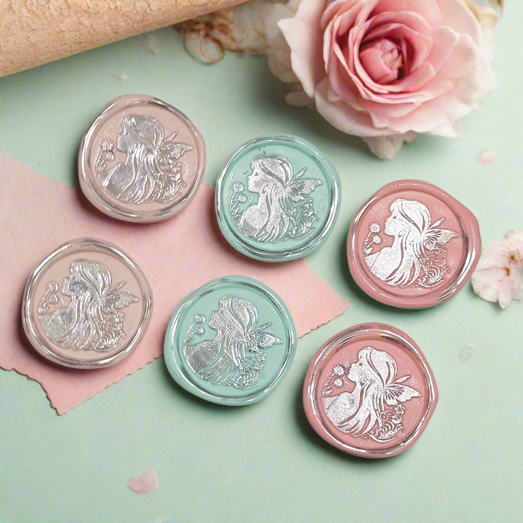 Fairy Wax Seals Pastels Light Pink, Mint, Peach Pink and Silver Set of SIX, for cards, invitations, letters and gifts
