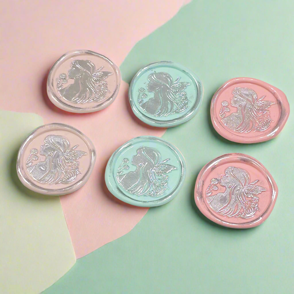 Fairy Wax Seals Pastels Light Pink, Mint, Peach Pink and Silver Set of SIX, for cards, invitations, letters and gifts