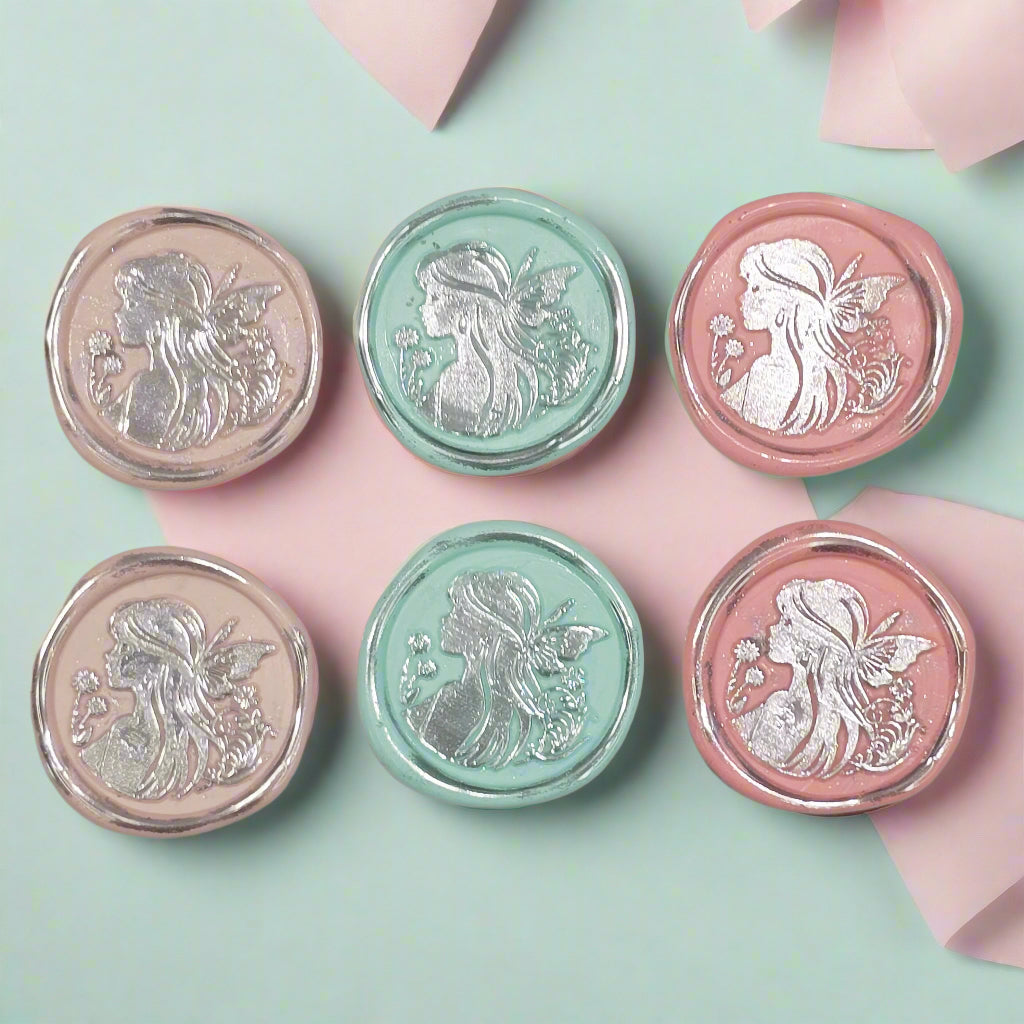 Fairy Wax Seals Pastels Light Pink, Mint, Peach Pink and Silver Set of SIX, for cards, invitations, letters and gifts