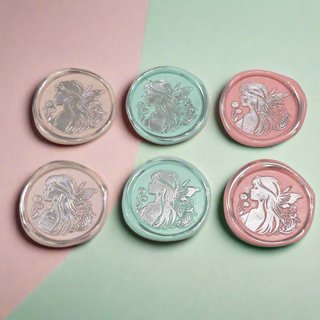 Fairy Wax Seals Pastels Light Pink, Mint, Peach Pink and Silver Set of SIX, for cards, invitations, letters and gifts
