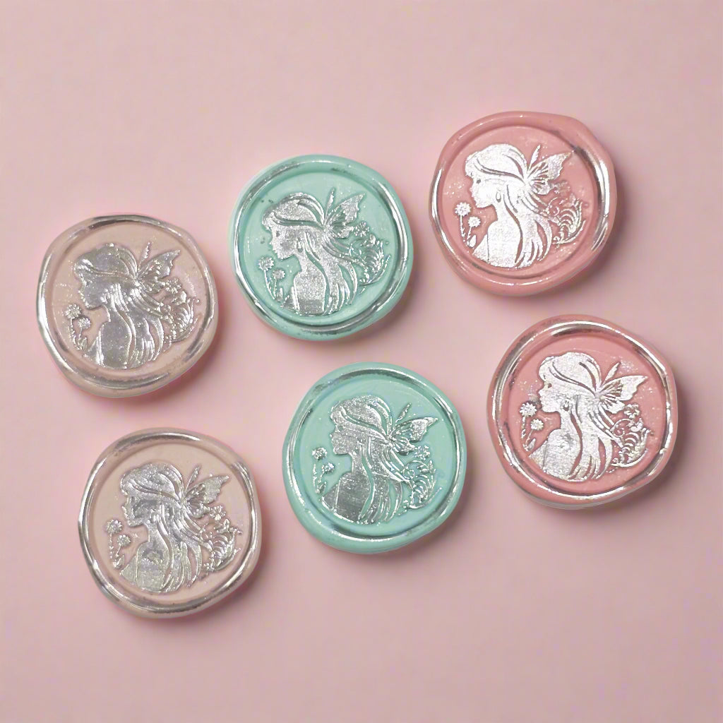 Fairy Wax Seals Pastels Light Pink, Mint, Peach Pink and Silver Set of SIX, for cards, invitations, letters and gifts