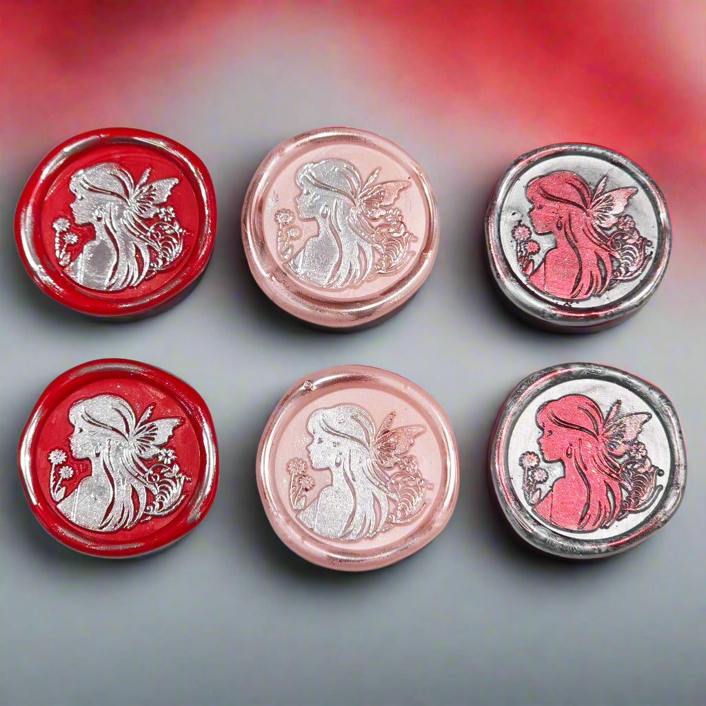Fairy Wax Seals Apple Red, Silver and Pastel Pink, Set of SIX, for cards, invitations, letters and gifts