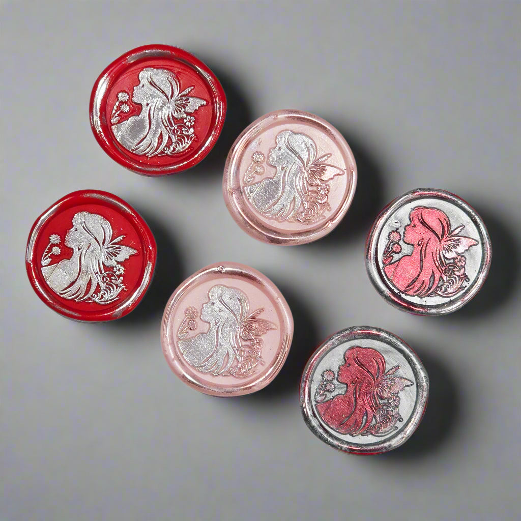 Fairy Wax Seals Apple Red, Silver and Pastel Pink, Set of SIX, for cards, invitations, letters and gifts