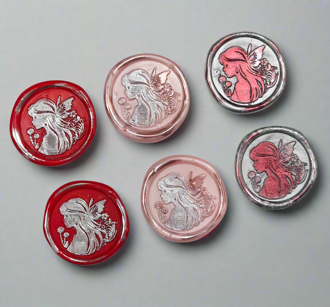 Fairy Wax Seals Apple Red, Silver and Pastel Pink, Set of SIX, for cards, invitations, letters and gifts