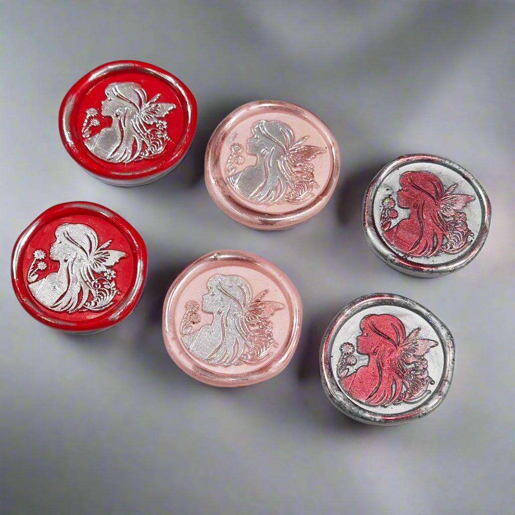 Fairy Wax Seals Apple Red, Silver and Pastel Pink, Set of SIX, for cards, invitations, letters and gifts