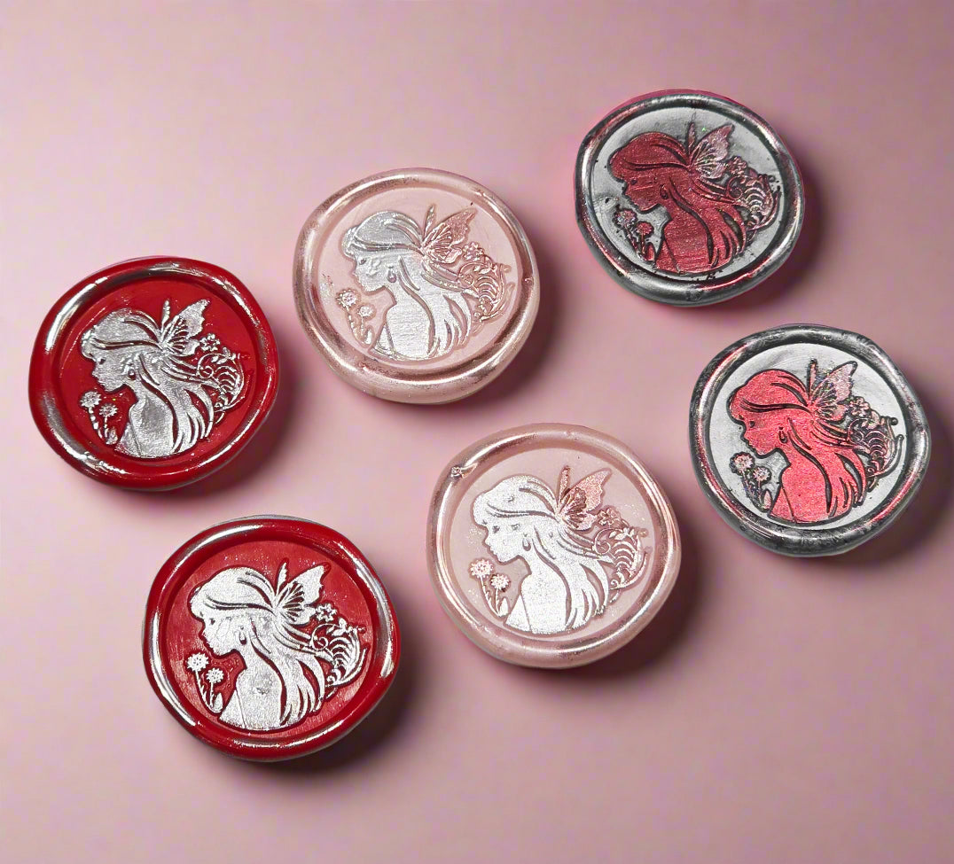 Fairy Wax Seals Apple Red, Silver and Pastel Pink, Set of SIX, for cards, invitations, letters and gifts