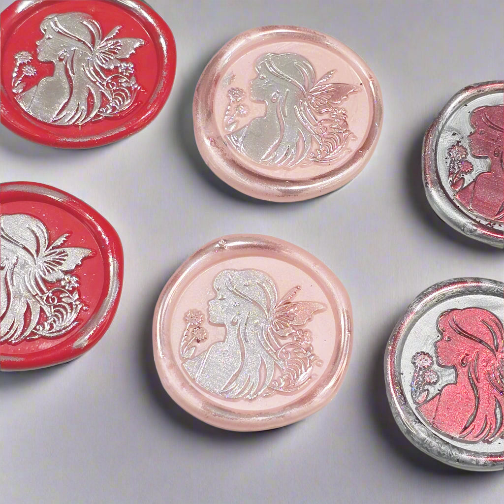 Fairy Wax Seals Apple Red, Silver and Pastel Pink, Set of SIX, for cards, invitations, letters and gifts