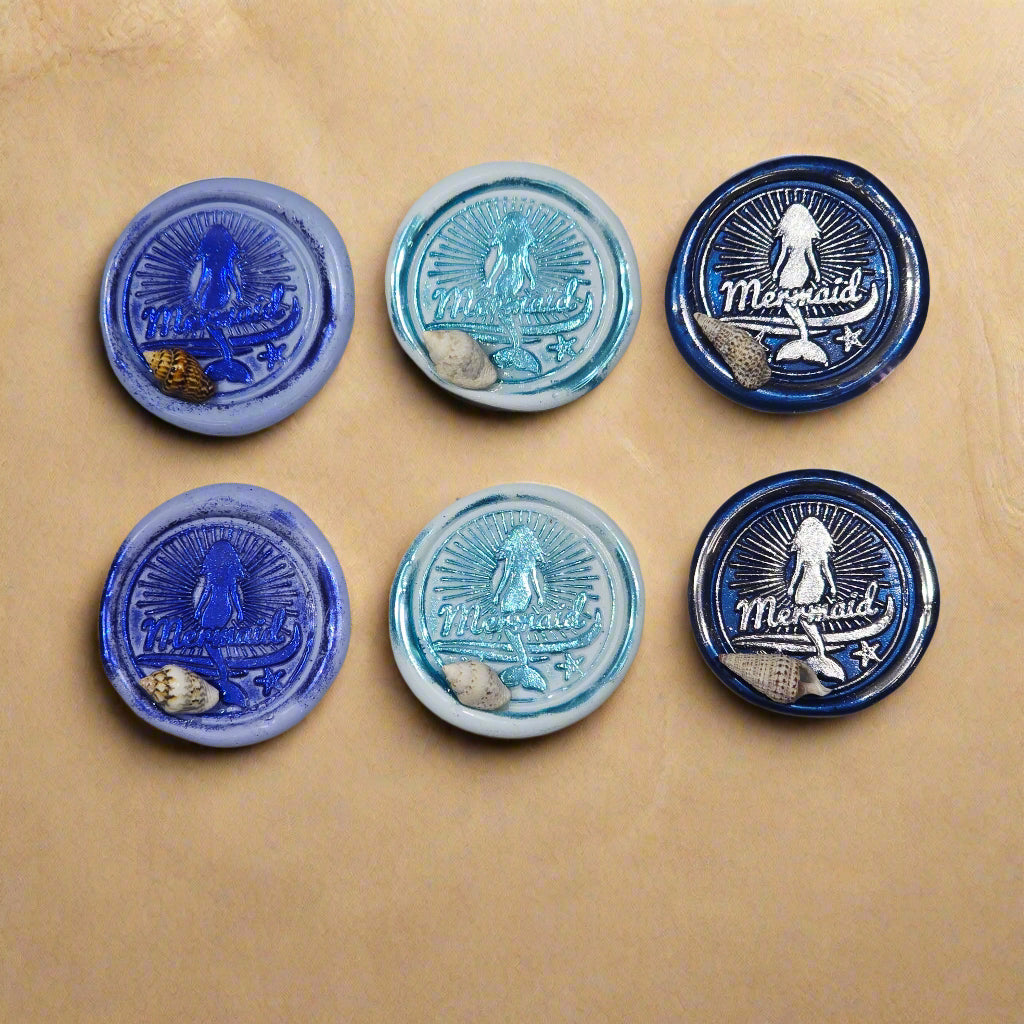 Mermaid Wax Seals Melody of Blue, With Shell Set of SIX, for cards, invitations, letters and gifts