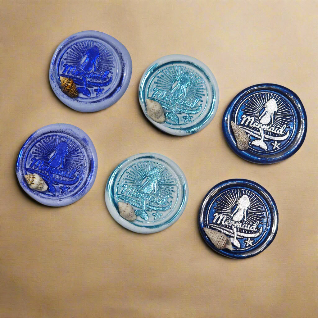 Mermaid Wax Seals Melody of Blue, With Shell Set of SIX, for cards, invitations, letters and gifts