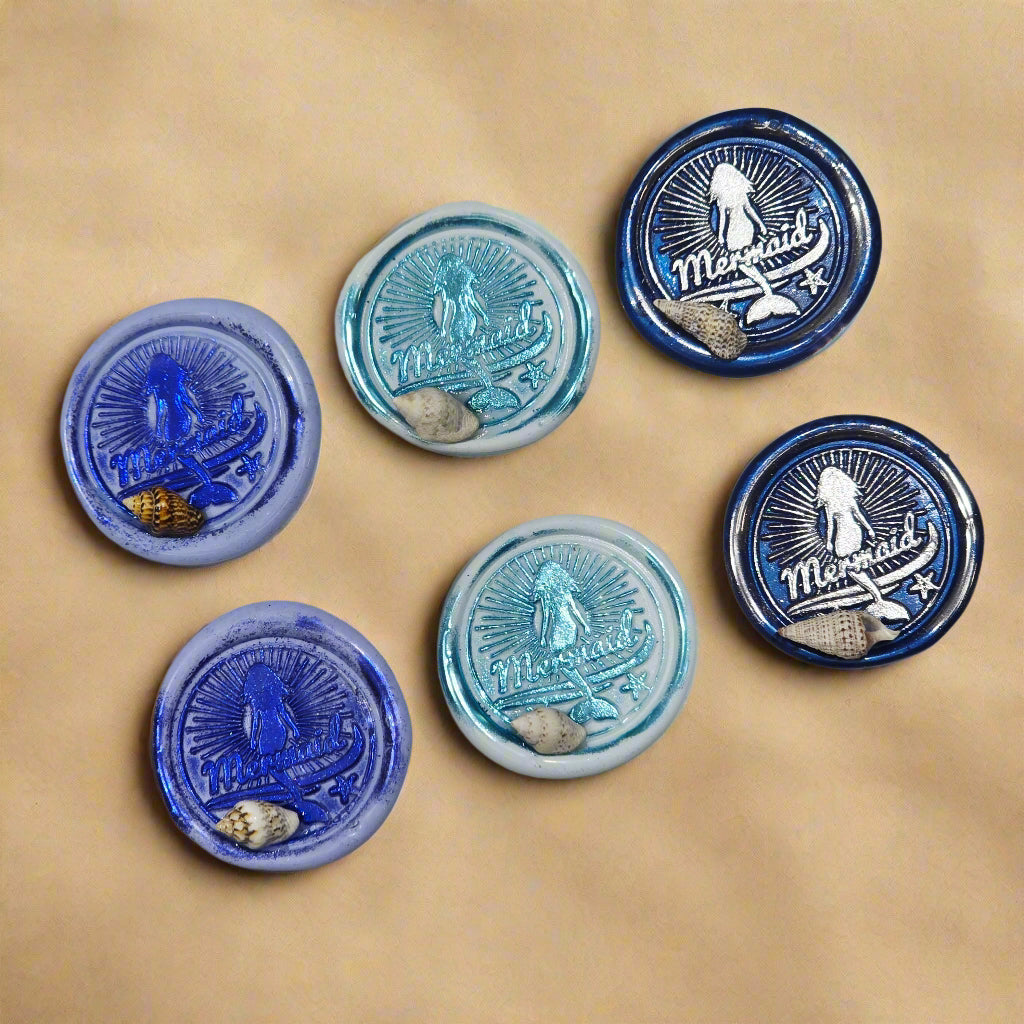 Mermaid Wax Seals Melody of Blue, With Shell Set of SIX, for cards, invitations, letters and gifts